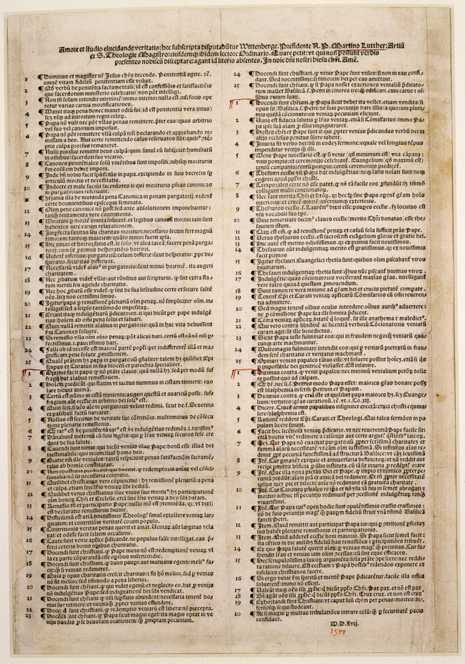 Las noventa y cinco tesis impresa en Núremberg en 1517, actualmente conservada en la Biblioteca Estatal de Berlín